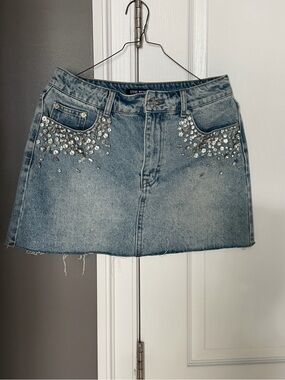 Steve Madden Light Blue Denim Mini Skirt with Crystal Embellishments